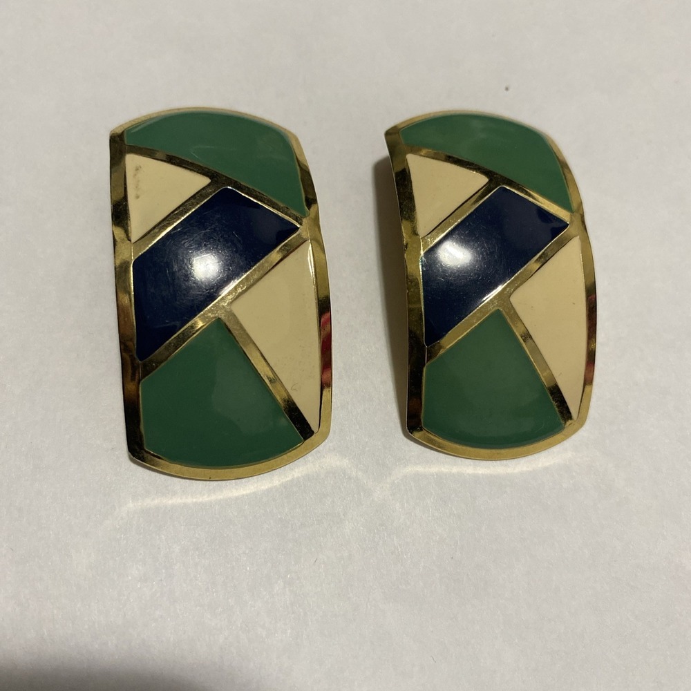 Vintage Gold Tone 1980s Blue Green Cream Enamel Wide Pierced Earrings‎